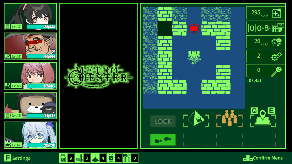 Screenshot of the game Metro Quester.
It is the dungeon map exploration screen. There is a lot of green, it's in the style of old CGA(?) games.