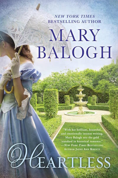 Cover for a recent ebook edition of Mary Balogh's "Heartless" featuring a woman in a regencyish period blue dress carrying a parasol. It's Georgian period though SMH.